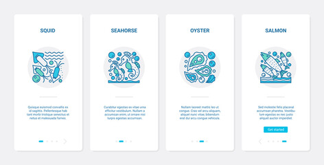 Fototapeta na wymiar Sea ocean fish shellfish vector illustration. UX, UI onboarding mobile app page screen set with line underwater sealife symbols, squid oyster seahorse salmon in sea water, marine animals collection