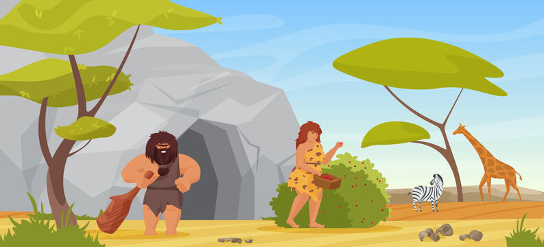 Primitive Couple People Get Food Vector Illustration. Cartoon Primeval Hunter Caveman Character Holding Club For Hunting Prehistoric Wild Animal, Neanderthal Woman Picking Berries Near Cave Background