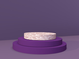 Mockup geometric vibrant purple shape cylinder mat and marble stone podium on purple background. 3D render of advertising template space for product in minimalist style. Display case empty showcase
