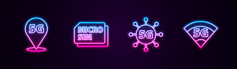 Set line Location 5G network, Micro Sim Card, and . Glowing neon icon. Vector