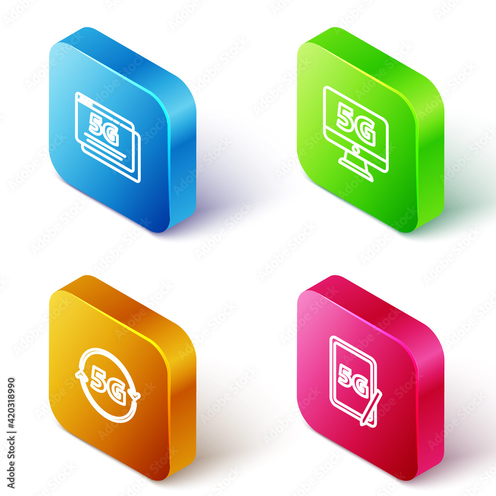 Sticker Set Isometric line 5G network, Monitor with, and Graphic tablet icon. Vector