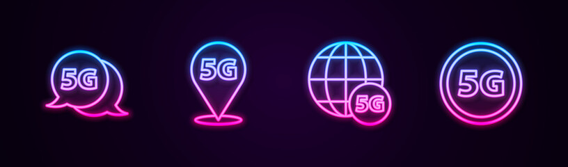 Set line 5G network, Location, and . Glowing neon icon. Vector