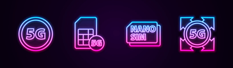 Set line 5G network, Sim Card, Nano and . Glowing neon icon. Vector