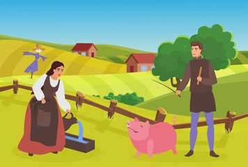Medieval farmer family or couple people work in village vector illustration. Cartoon shepherd herdsman character grazing pig, peasant woman feeding domestic animal, happy villagers working background - obrazy, fototapety, plakaty