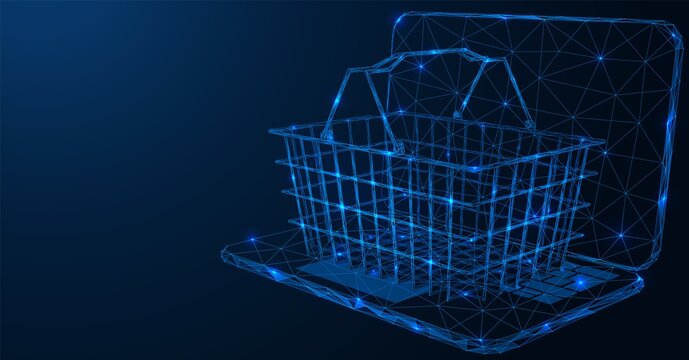 Online store. Wire shopping cart on the laptop. Polygonal construction of lines of points. Free space for information. Blue background.