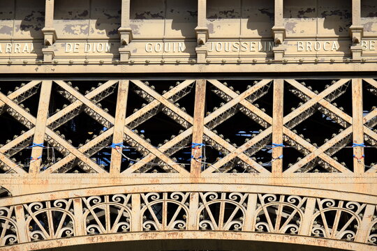 A close up on the Eiffel Tower during a sunny day during its renovation (stripping and painting). Paris the 14th march 2021