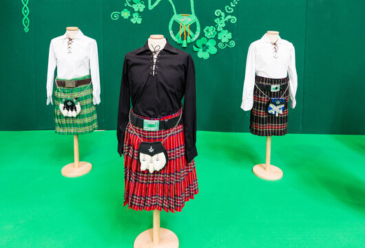 Traditional Irish Kilts Presentation On Irish Festival.Irish Kilts On Mannequin.