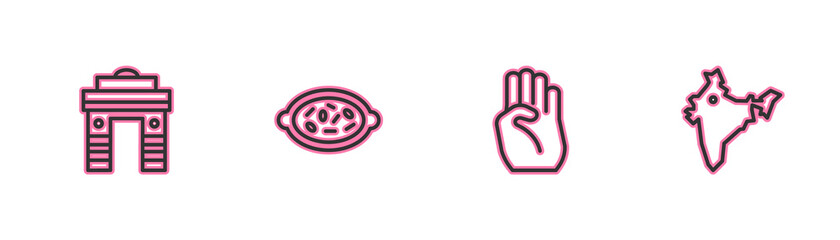 Set line India Gate in Delhi, Indian symbol hand, Kheer bowl and map icon. Vector