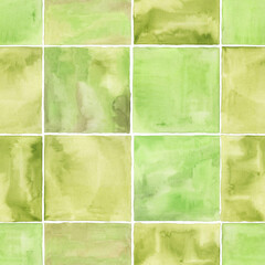 seamless pattern with green watercolor square tiles