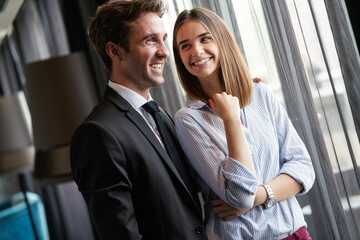 Romantic happy young couple relax at modern home indoors