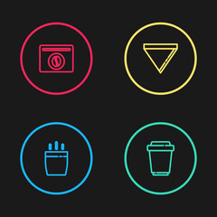 Set line Coffee cup, to go, paper filter and Bag coffee beans icon. Vector