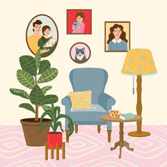 Cozy retro living room vector flat cartoon illustration. Colorfool background for concept design. Furniture: sofa, table, lamp, carpet, potted flowers, picture and decor accessories.