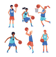 Girls play basketball. Flat design concept with women who go in for sports, play ball. Vector illustration set on a white background.