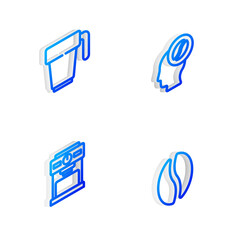 Set Isometric line Barista, Coffee cup, machine and beans icon. Vector