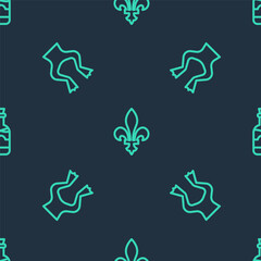 Set line Fleur De Lys, Frog legs and Bottles of wine on seamless pattern. Vector