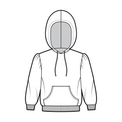 Hoody sweatshirt technical fashion illustration with elbow sleeves, relax body, kangaroo pouch, knit rib cuff, banded hem, drawstring. Flat apparel template front, white color. Women, men CAD mockup