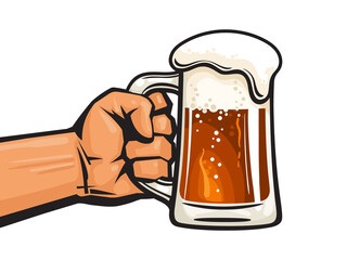Hand holding glass mug full of beer. Design element for pubs, bars, brewery, beer festivals. Hand drawn vector illustration.