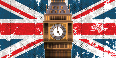 Fototapeta na wymiar Flag of Great Britain with an aged effect and added texture. In the foreground is Big Ben. Vector illustration