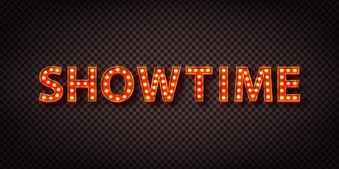 Vector realistic isolated retro marquee text with electric light lamps of Showtime for invitation on the transparent background. Concept of vintage decoration. - obrazy, fototapety, plakaty