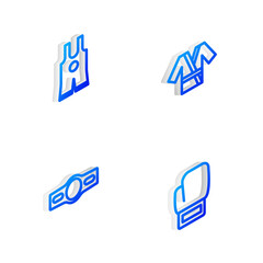 Set Isometric line Japanese costume Kimono, Wrestling singlet, Boxing belt and glove icon. Vector