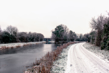 Snow Covered Frozen Canal in Countryside, Ireland