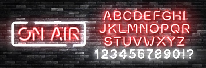 Plakat Vector realistic isolated neon sign of On Air with easy to change color font alphabet on the wall background. Concept of podcast and live streaming.