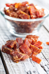 Dried chicken meat. Tasty jerky meat.