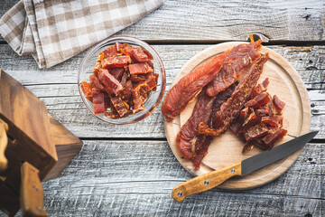 Dried chicken meat. Tasty jerky meat.