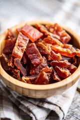 Dried chicken meat. Tasty jerky meat.
