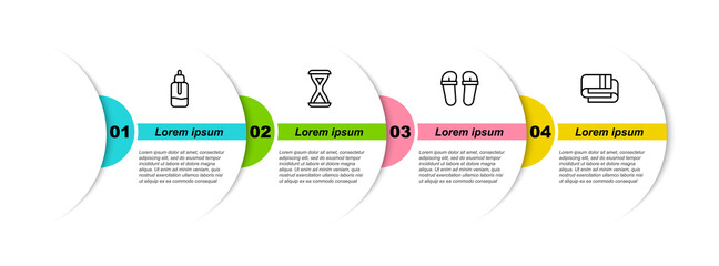 Set line Essential oil bottle, Sauna hourglass, Flip flops and Towel stack. Business infographic template. Vector