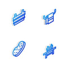 Set Isometric line Towel on a hanger, Sauna bucket, Bath sponge and bench with icon. Vector