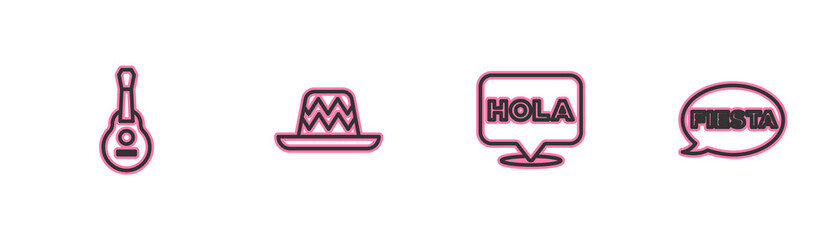 Set line Mexican guitar, Hola, sombrero and Fiesta icon. Vector © vector_v