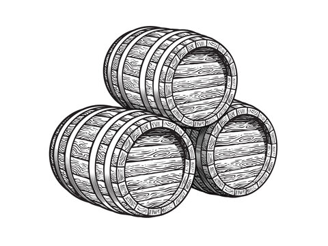 Three stacked wooden barrels for beer, wine, whisky, rum and other alcohol. Hand drawn engraving style illustrations.