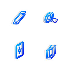 Set Isometric line System bug, Glass screen protector, Mobile charging battery and with shield icon. Vector