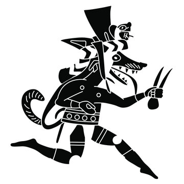 Running anthropomorphic coyote or fox. Native American trickster hero. Ancient Peruvian animal art of Moche or Mochica Indians. Black and white silhouette.