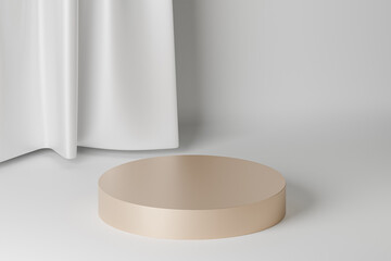 Beige cylinder podium or pedestal for products or advertising near to white curtains. 3D rendering.