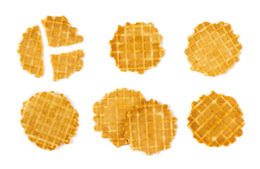 Round Waffle Isolated, Thin Waffled Cookie, Golden Belgian Waffles