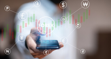 Financial trader hand phone . Forex concept