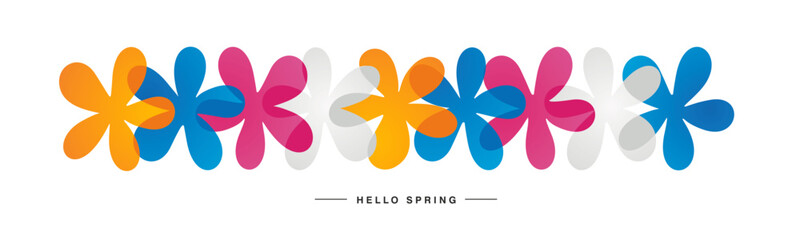 Hello Spring summer abstract decoration with colorful flowers on white isolated background banner pattern