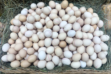 Raw eggs on a farm market before Easter. Horizontal image
