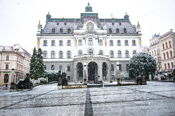 Obraz premium University of Ljubljana during snowfall, Central Slovenia Region