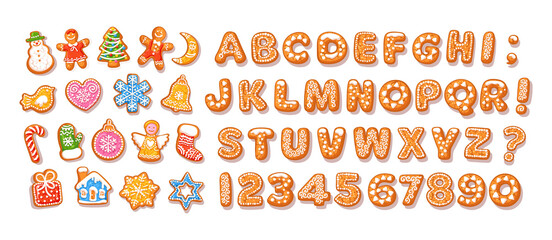Christmas and New Year gingerbread alphabet and traditional holiday cookies letters and numbers. Cartoon hand drawn vector illustration isolated on white background. © Olena