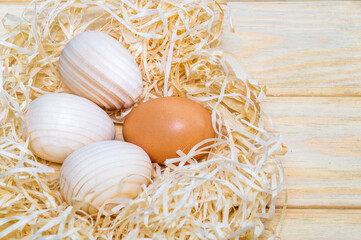 Egg and three wooden eggs in a nest with wood shavings. Idea for celebrating Easter