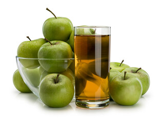 Apple juice and fruits of green apples in glassware