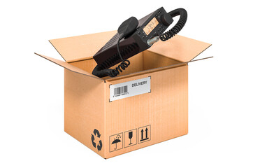 Amateur radio transceiver with push-to-talk microphone switch inside cardboard box, delivery concept. 3D rendering