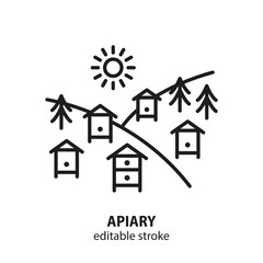 Apiary line icon. Bee garden vector illustration with beehive, tree, sun and mountains. Editable stroke.