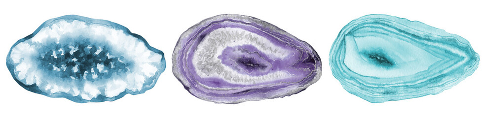 Geode Slices of agates and amethyst. Watercolor illustration isolated on white background. - obrazy, fototapety, plakaty