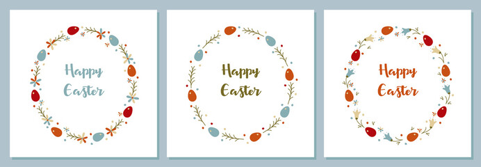 Set of cards for Easter. Easter wreaths, bright eggs and flowers. Happy easter.