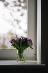 Close up purple tulips photo. Spring concept. natural girly background. flowers design. Slow living mindful life