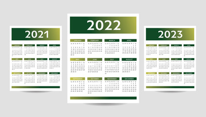 English Calendar 2021-2022-2023 vector template